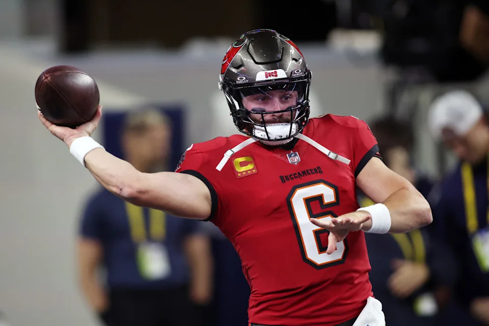 Tampa Bay Buccaneers quarterback Baker Mayfield throws a pass before the game at AT&T Stadium.Tim Heitman-Imagn Images