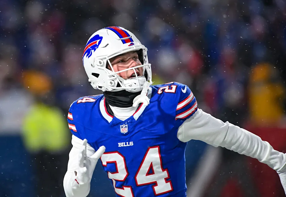 Jan 19, 2025; Orchard Park, New York, USA; Buffalo Bills safety Cole Bishop (24) warms up before a 2025 AFC divisional round game against the Baltimore Ravens at Highmark Stadium. Mandatory Credit: Mark Konezny-Imagn Images