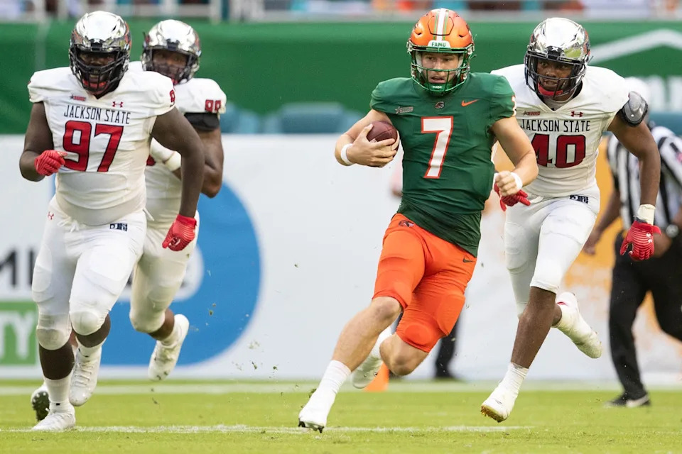 FAMU quarterback Junior Muratovic (7) runs the ball during the Orange Blossom Classic between Florida A&M University and Jackson State University at Hard Rock Stadium in Miami Gardens, Fla. Sunday, Sept. 5, 2021.