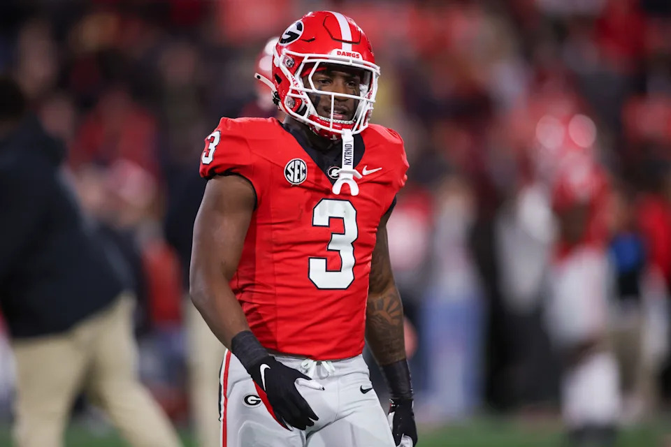 Nov 29, 2024; Athens, Georgia, USA; Georgia Bulldogs running back Nate Frazier (3) prepares for a game against the Georgia Tech Yellow Jackets at Sanford Stadium. Mandatory Credit: Brett Davis-Imagn Images