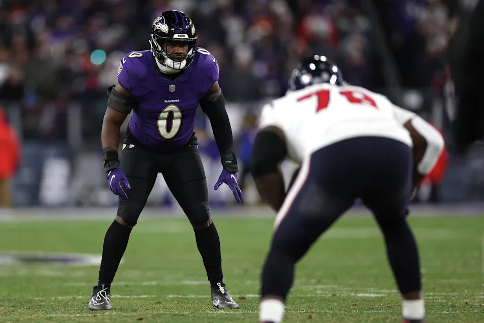 BALTIMORE, MARYLAND - JANUARY 20: Linebacker Roquan Smith #0 of the Baltimore Ravens in action against the Houston Texans in the AFC Divisional Playoff game at M&T Bank Stadium on January 20, 2024 in Baltimore, Maryland. (Photo by Patrick Smith/Getty Images)