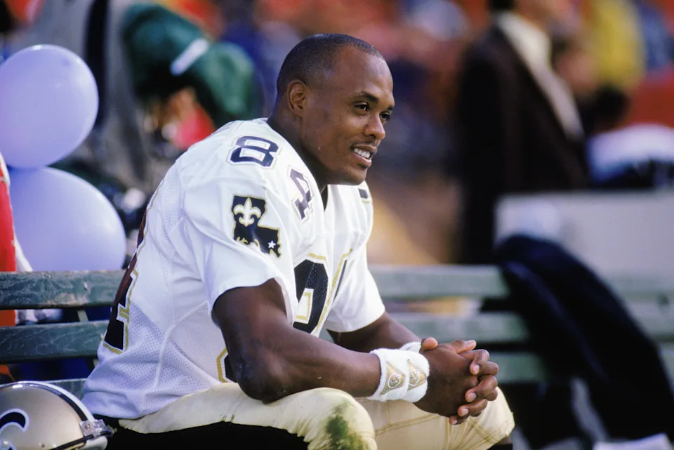 1987: Wide receiver Eric Martin #84 of the New Orleans Saints sits on the sideline during a 1987 NFL game. (Photo by Otto Gruele Jr/Getty Images)