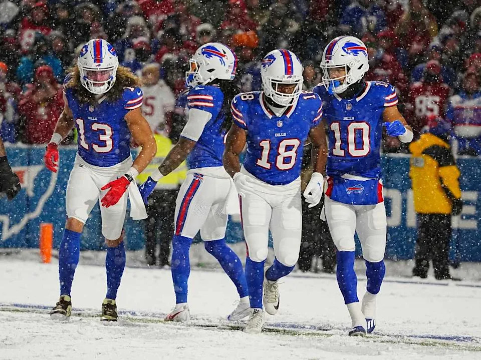 Bills wide receivers Mack Hollins, Amari Cooper and Khalil Shakir run off the field during first half action of their home game against the San Francisco 49ers.Tina MacIntyre-Yee&sol;Democrat and Chronicle &sol; USA TODAY NETWORK via Imagn Images