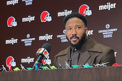 Browns pass rusher Myles Garrett speaks during a press conference after signing a record setting extension to stay in Cleveland