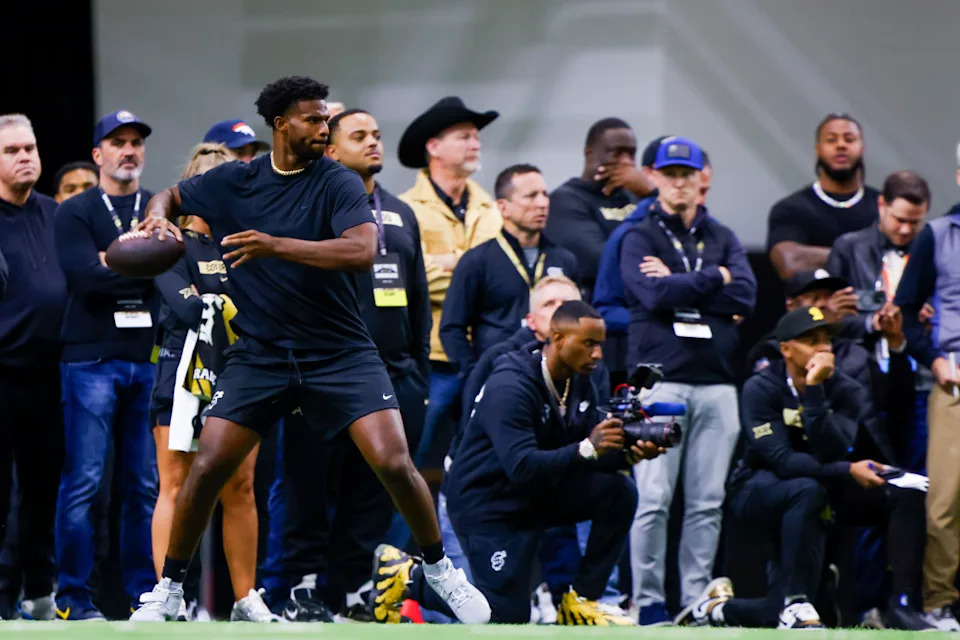 Colorado Buffaloes quarterback Shedeur Sanders (2) passes the ball at the University of Colorado NFL Showcase at the CU Indoor Practice Facility.Michael Ciaglo-Imagn Images