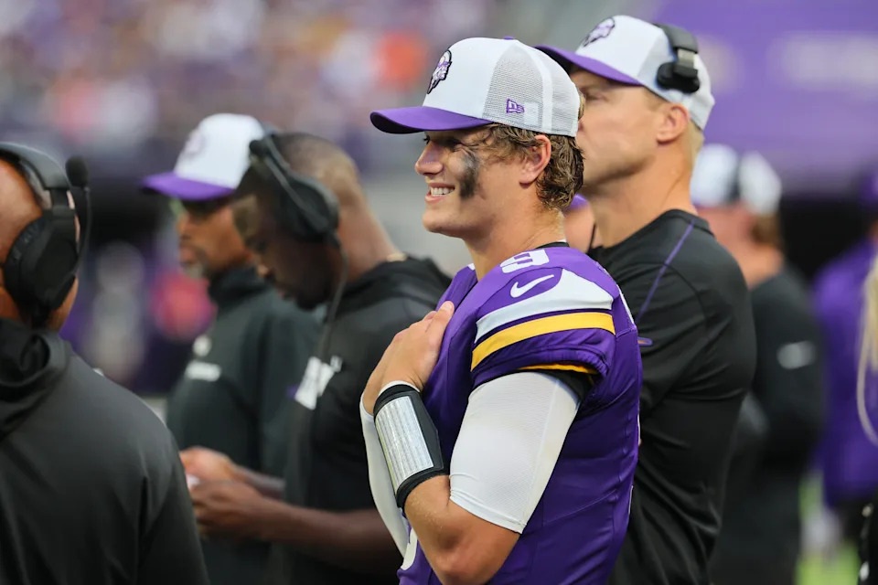MINNEAPOLIS, MINNESOTA - AUGUST 10: J.J. McCarthy #9 of the Minnesota Vikings watches from the sidelines during the pre-season game against Las Vegas Raiders at U.S. Bank Stadium on August 10, 2024 in Minneapolis, Minnesota. J.J. McCarthys season was cut short due to a knee injury in the preseason game. (Photo by Adam Bettcher/Getty Images)