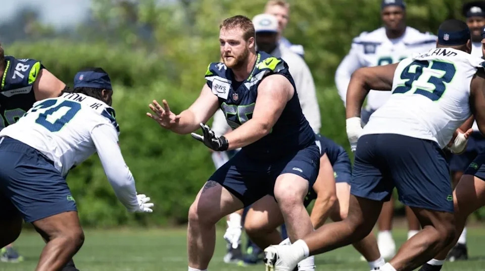 Tyler Elsbury, the former Byron and University of Iowa standout, worked out with the other offensive linemen during the Seattle Seahawks rookie minicamp from May 1-3.