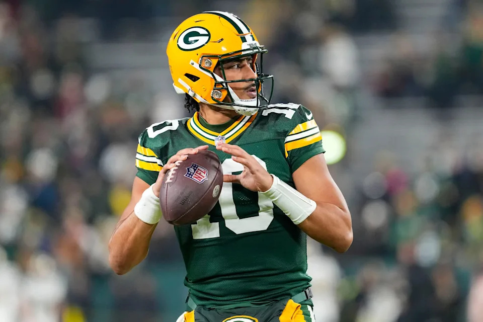 Green Bay Packers quarterback Jordan Love (10) throws a pass during warmups prior to the game against the New Orleans Saints at Lambeau Field in Green Bay on Dec. 23, 2024.