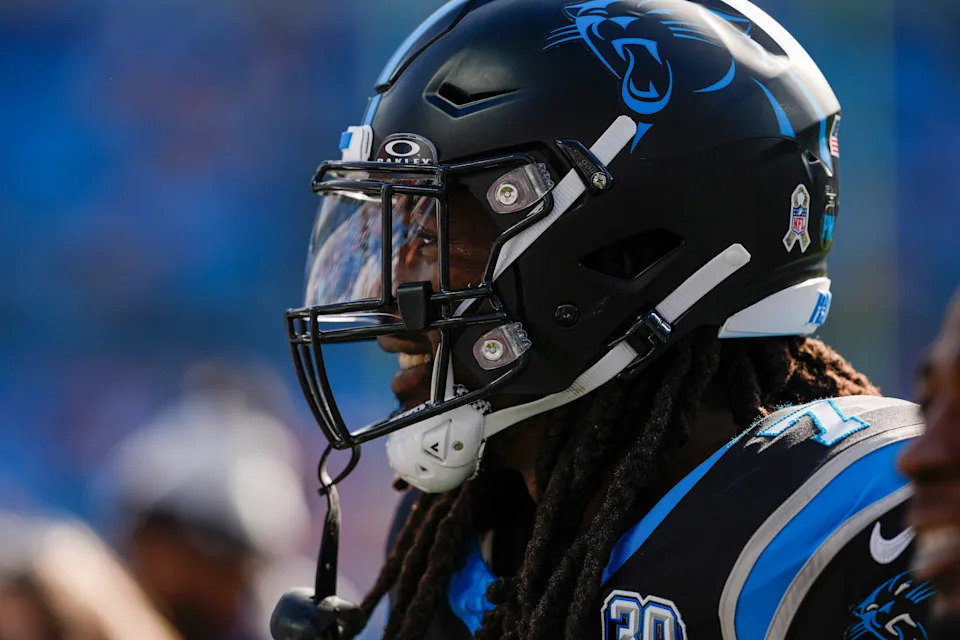 Nov 24, 2024; Charlotte, North Carolina, USA; Carolina Panthers linebacker Jadeveon Clowney (7) during the first quarter against the Kansas City Chiefs at Bank of America Stadium. Mandatory Credit: Jim Dedmon-Imagn Images