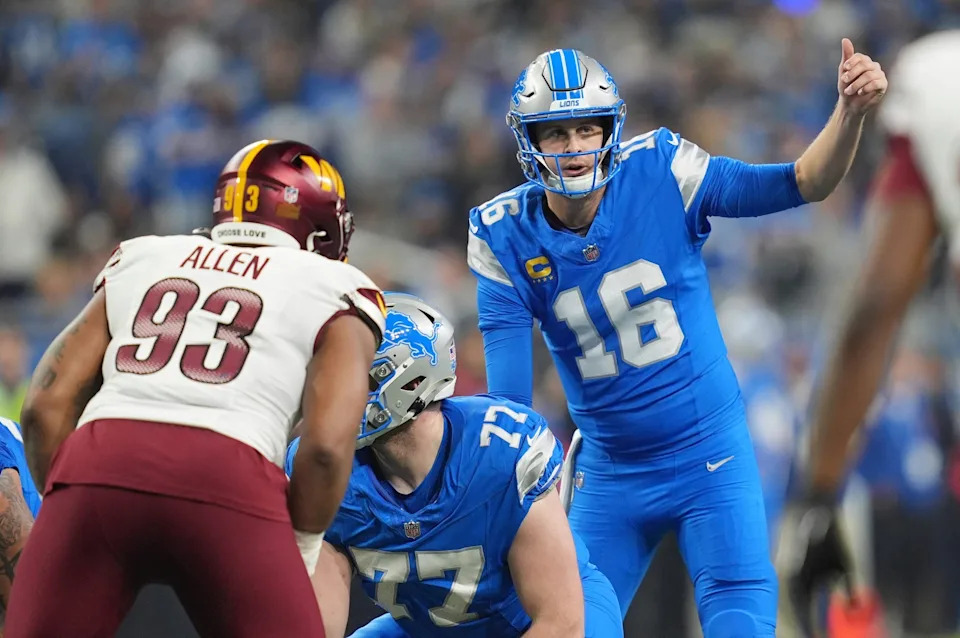 Detroit Lions quarterback Jared Goff (16) waits for the snap in the first half against the Washington Commanders in the NFC divisional round at Ford Field in Detroit on Saturday, Jan. 18, 2025.