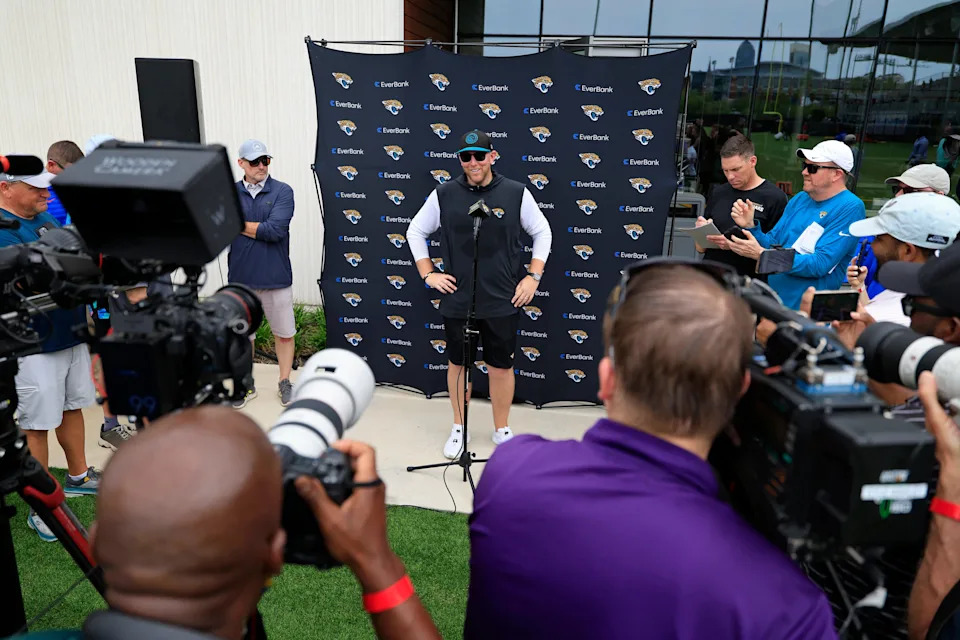Jacksonville Jaguars head coach Liam Coen is interviewed by members of the media during a rookie minicamp at Miller Electric Center Saturday, May 10, 2025 in Jacksonville, Fla. [Corey Perrine/Florida Times-Union]
