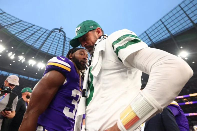 Aaron Rodgers and Aaron Jones - Minnesota Vikings vs New York Jets - London, UK (2024)