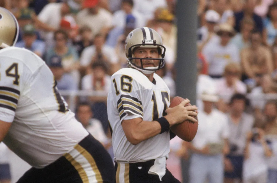 CANTON, OH - 1983: Quarterback Ken Stabler #16 of the New Orleans Saints drops back to pass during the NFL Hall of Fame Game at Fawcett Stadium in Canton, Ohio in 1983. (Photo by Jonathan Daniel/ Getty Images)