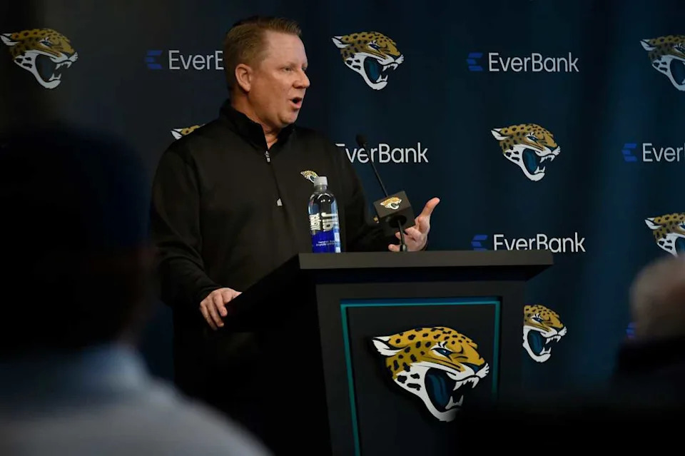 Jacksonville Jaguars assistant general manager Ethan Waugh talks with the media before the start of Friday's rookie minicamp session. The Jacksonville Jaguars held their first day of rookie minicamp inside the covered field at the Jaguars performance facility in Jacksonville, Florida Friday, May 10, 2024. Bob Self&sol;Florida Times-Union &sol; USA TODAY NETWORK