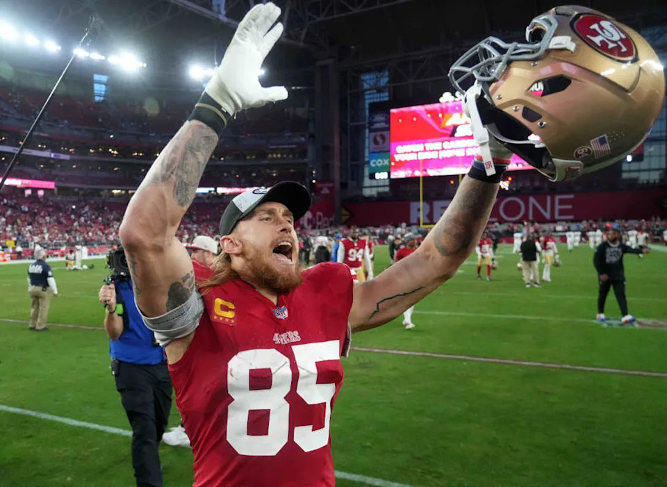 San Francisco 49ers tight end George Kittle (85) celebrates after the game against the Arizona Cardinals.Joe Camporeale-Imagn Images