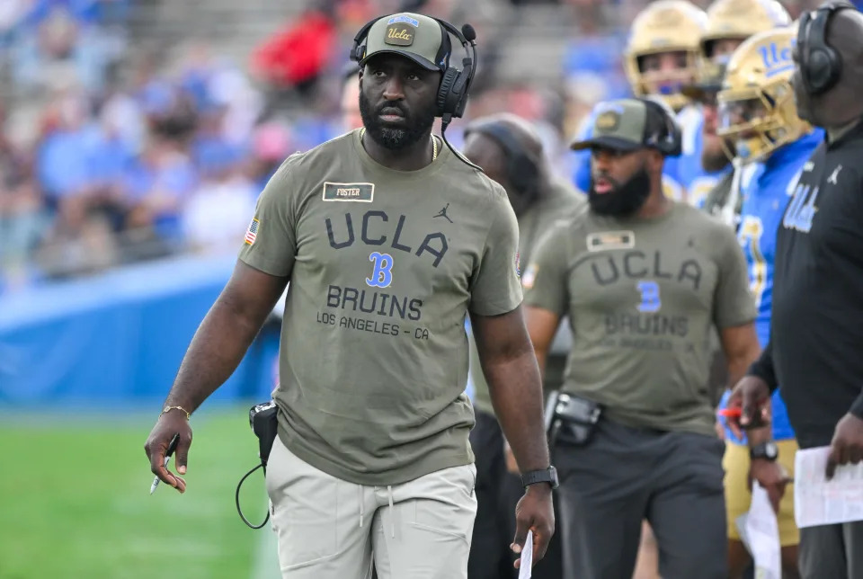 Nov 30, 2024; Pasadena, California, USA; UCLA Bruins head coach DeShaun Foster on the sidelines during the third quarter against the Fresno State Bulldogs at Rose Bowl. Mandatory Credit: Robert Hanashiro-Imagn Images