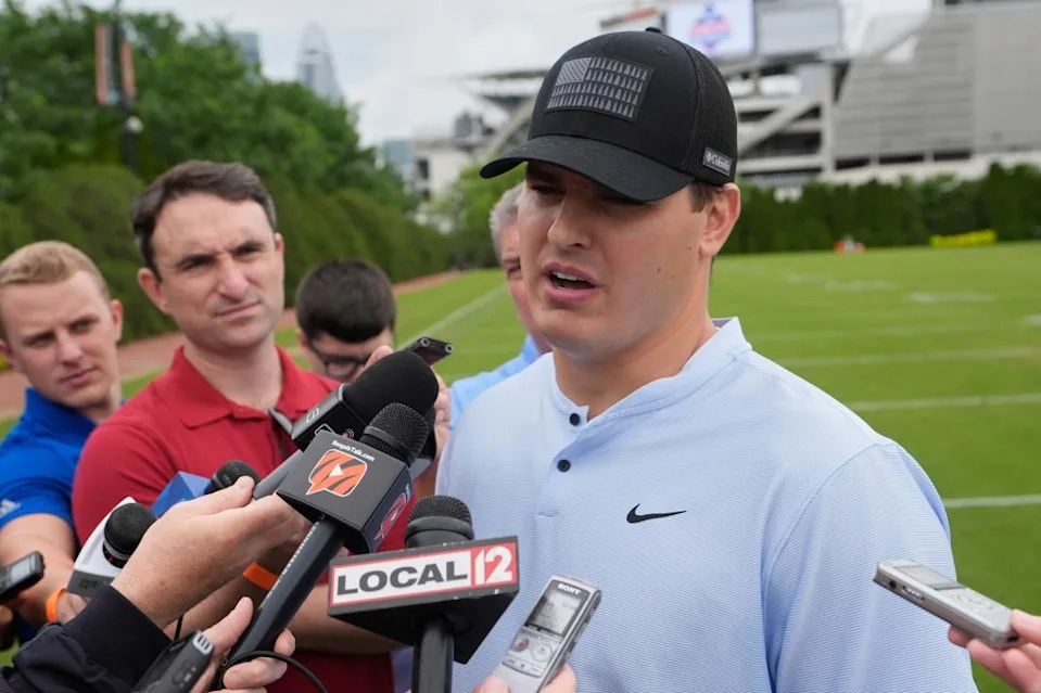 Cincinnati Bengals defensive end Trey Hendrickson speaks to the media during NFL football practice on Tuesday, May 13, 2025, in Cincinnati. AP
