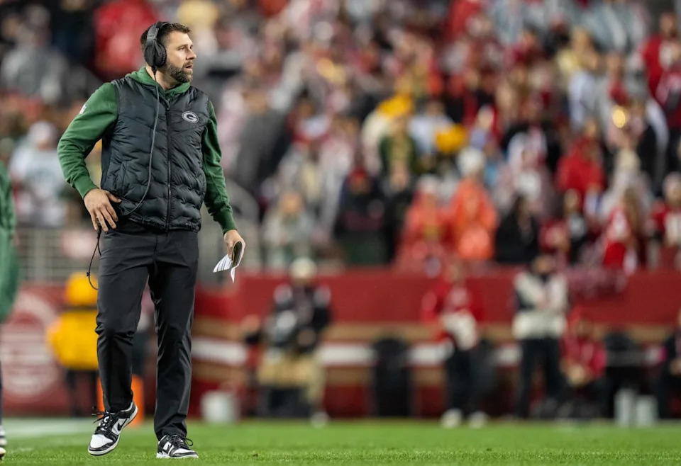 Green Bay Packers wide receivers and passing game coordinator Jason Vrable during the third quarter of the 2024 NFC divisional round game against the San Francisco 49ers.© Kyle Terada-Imagn Images