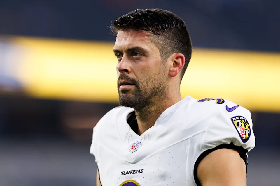 INGLEWOOD, CALIFORNIA - NOVEMBER 25: Justin Tucker #9 of the Baltimore Ravens walks off the field before a game against the Los Angeles Chargers at SoFi Stadium on November 25, 2024 in Inglewood, California. (Photo by Ric Tapia/Getty Images)