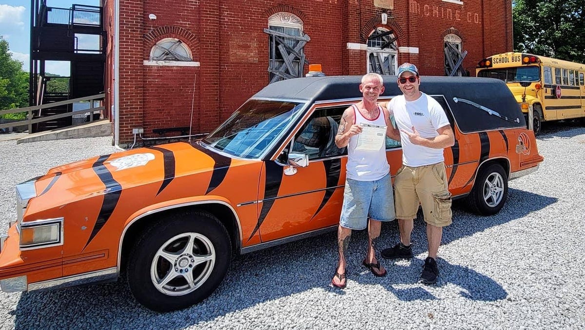 This Bengals-themed hearse is for sale. Its origin is still a mystery