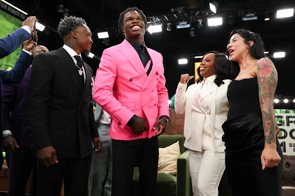 GREEN BAY, WI - APRIL 24: Cornerback and wide receiver Travis Hunter of Colorado celebrates after going second overall during the 2025 NFL Draft on Thursday, April 24, 2025 in Green Bay, Wisconsin. (Photo by Lauren Leigh Bacho/Getty Images)