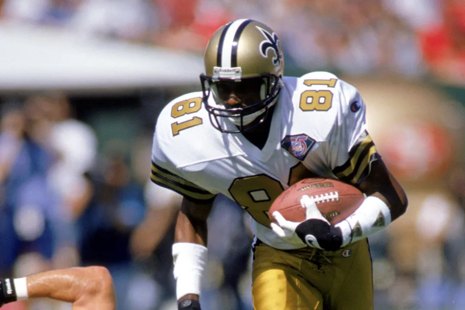 SAN FRANCISCO - SEPTEMBER 25: Wide receiver Michael Haynes #81 of the New Orleans Saints carries the ball for yards against the San Francisco 49ers during the game at Candlestick Park on September 25, 1994 in San Francisco, California. The 49ers defeated the Saints 24-13. (Photo by Stephen Dunn/Getty Images)