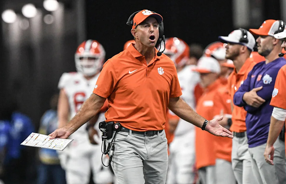 Clemson coach Dabo Swinney reacts after a call by an official during his team's game against Georgia at Mercedes-Benz Stadium.