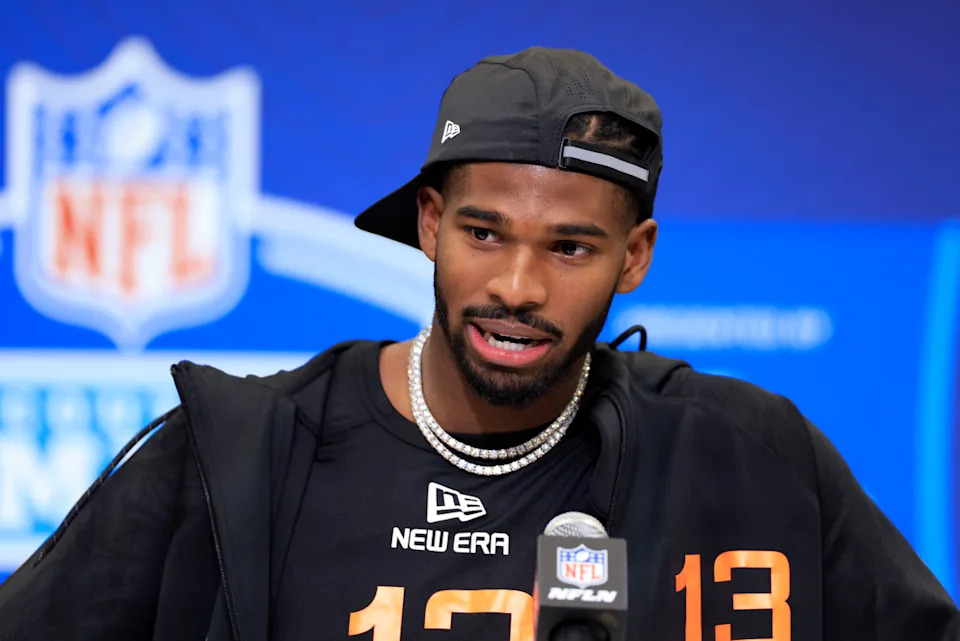 INDIANAPOLIS, INDIANA - FEBRUARY 28: Shedeur Sanders #QB13 of Colorado speaks to the media during the 2025 NFL Scouting Combine at Lucas Oil Stadium on February 28, 2025 in Indianapolis, Indiana. (Photo by Justin Casterline/Getty Images)<p><a href="https://www.gettyimages.com/detail/2202503093" rel="nofollow noopener" target="_blank" data-ylk="slk:Justin Casterline&sol;Getty Images;elm:context_link;itc:0;sec:content-canvas" class="link ">Justin Casterline&sol;Getty Images</a></p>