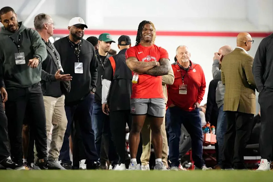 Quinshon Judkins at the OSU Pro Day. © Adam Cairns/Columbus Dispatch / USA TODAY NETWORK via Imagn Images