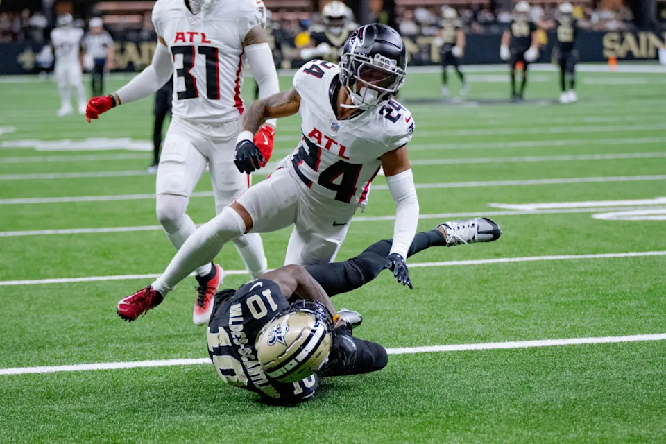 Atlanta Falcon DB A.J Terrell gives up a TD against the New Orleans Saints. Matthew Hinton-Imagn Images