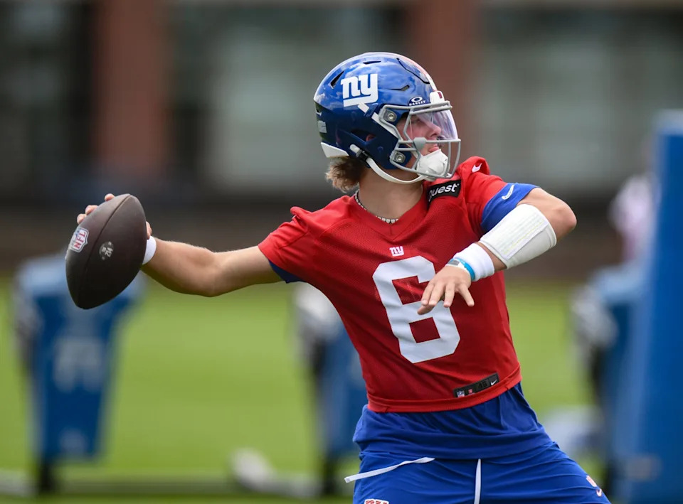 May 10, 2025; East Rutherford, NJ, USA; New York Giants quarterback Jaxson Dart (6) throws a pass during rookie minicamp at Quest Diagnostics Training Center. Mandatory Credit: John Jones-Imagn Images