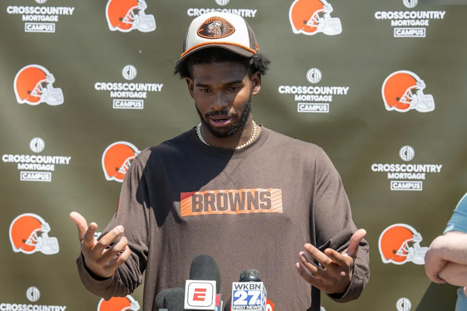 May 10, 2025; Berea, OH, USA; Cleveland Browns quarterback Shedeur Sanders (12) talks to the media during rookie minicamp at CrossCountry Mortgage Campus. Mandatory Credit: Ken Blaze-Imagn ImagesKen Blaze-Imagn Images.