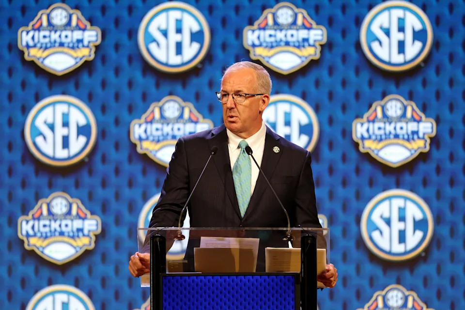 DALLAS, TEXAS - JULY 15: SEC Commissioner Greg Sankey speaks during SEC Football Media Days at Omni Dallas Hotel on July 15, 2024 in Dallas, Texas. (Photo by Tim Warner/Getty Images)