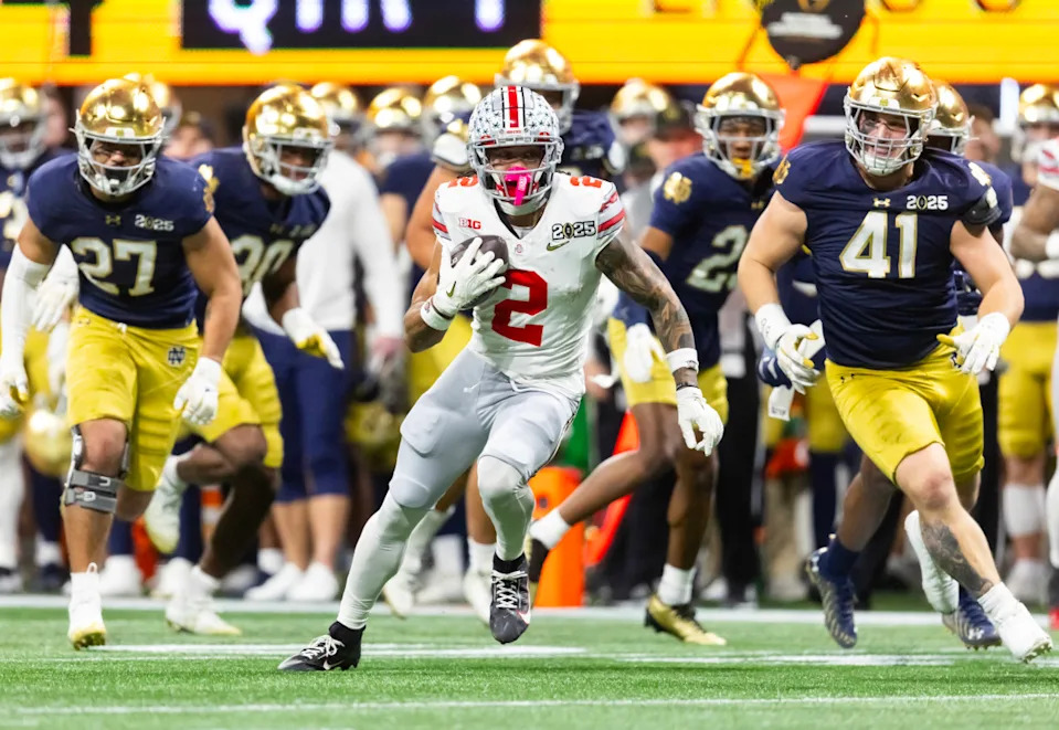 Jan 20, 2025; Atlanta, GA, USA; Ohio State Buckeyes wide receiver Emeka Egbuka (2) against the Notre Dame Fighting Irish during the CFP National Championship college football game at Mercedes-Benz Stadium. © Mark J. Rebilas-Imagn Images