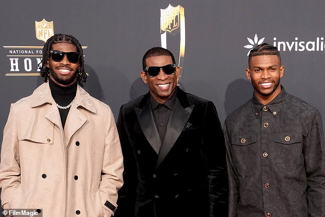 Left to Right: Shedeur Sanders, Deion Sanders, and Shilo Sanders in February 2024