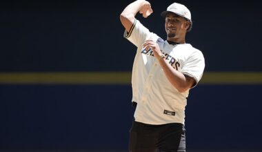 Green Bay Packers quarterback Jordan Love tossed out the first pitch at a Brewers game
