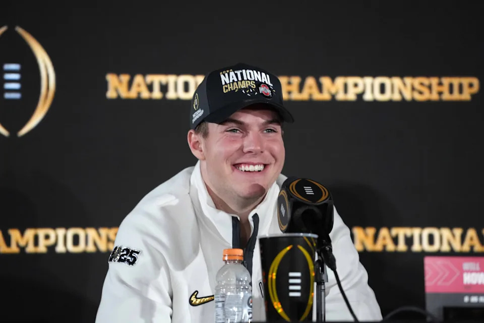 Ohio State Buckeyes quarterback Will Howard during CFP National Championship Champions press conference at The Westin Peachtree Plaza, Savannah Ballroom.© Kirby Lee-Imagn Images