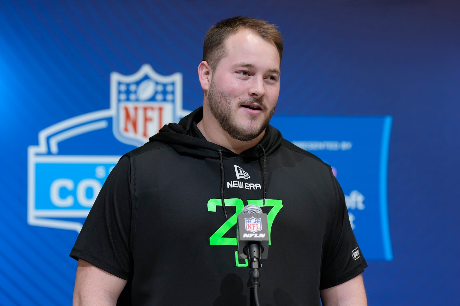 Ohio State offensive lineman Seth McLaughlin speaks during a press conference at the NFL football scouting combine Saturday, March 1, 2025, in Indianapolis. (AP Photo/George Walker IV)