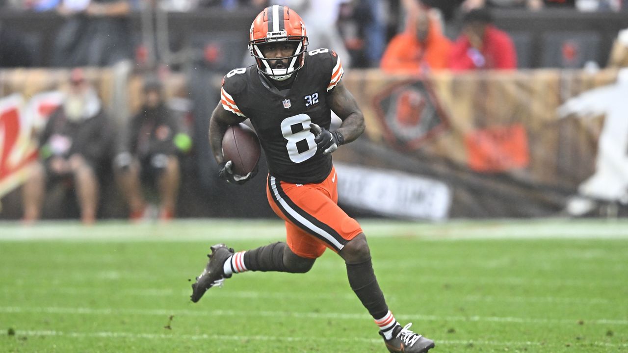 Wide receiver Elijah Moore runs with the ball during an NFL football game against the Cincinnati Bengals, Sunday, Sept. 10, 2023, in Cleveland. The Browns won 24-3. (AP Photo/David Richard)