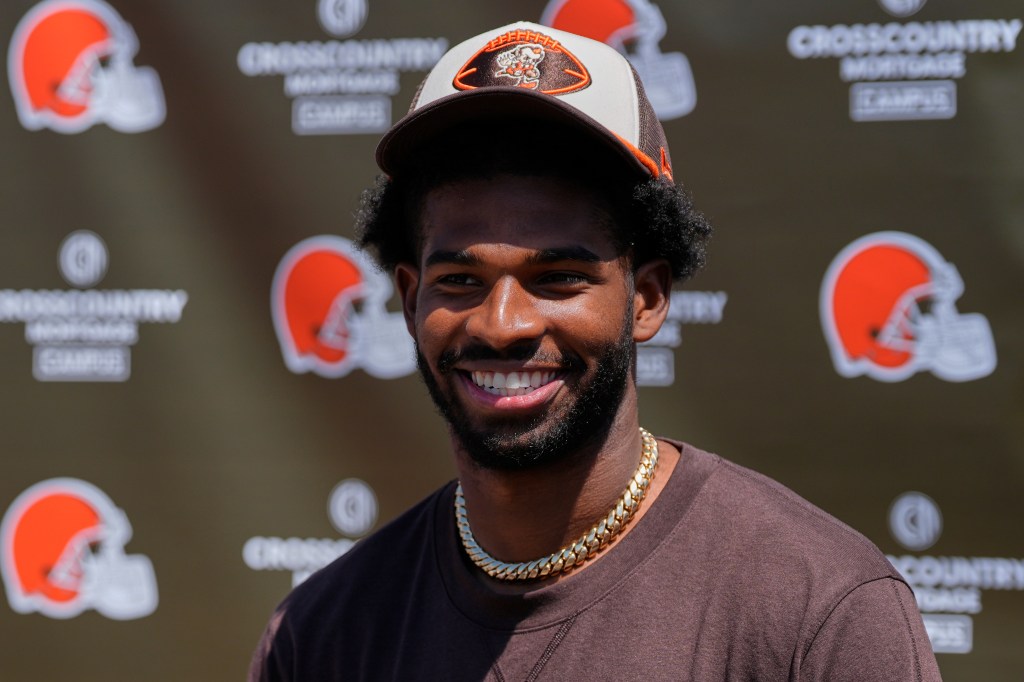 Cleveland Browns quarterback Shedeur Sanders (12) speaks at a news conference during the NFL football team's rookie minicamp in Berea, Ohio, Saturday, May 10, 2025.