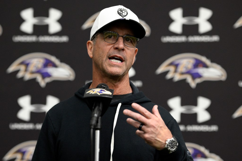 Baltimore Ravens head coach John Harbaugh talks to the media after an NFL football rookie camp, Sunday, May 4, 2025, in Owings Mills, Md. 