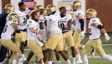 The Akron Zips celebrate a missed field goal during an NCAA football game against the Ohio Bobcats on Nov. 10, 2020 in Athens, Ohio.