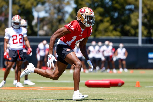 San Francisco 49ers' Isaiah Neyor (14) runs during practice at Levi's Stadium in Santa Clara, Calif., on Friday, May 9, 2025. (Shae Hammond/Bay Area News Group)