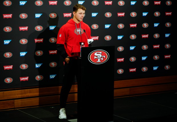 Brock Purdy speaks during a press conference about his new contract at Levi's Stadium Auditorium in Santa Clara, Calif., on Wednesday, May 21, 2025. (Shae Hammond/Bay Area News Group)
