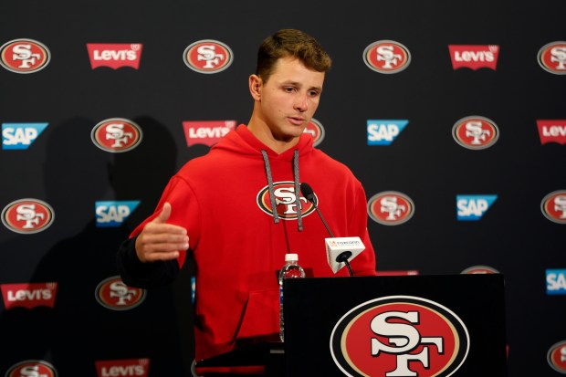 Brock Purdy speaks during a press conference about his new contract at Levi's Stadium Auditorium in Santa Clara, Calif., on Wednesday, May 21, 2025. (Shae Hammond/Bay Area News Group)