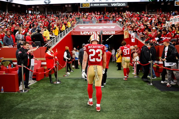 San Francisco 49ers' Christian McCaffrey (23) leaves the field following their 20-17 loss to the Seattle Seahawks at Levi's Stadium in Santa Clara, Calif., on Sunday, Nov. 17, 2024. (Nhat V. Meyer/Bay Area News Group)