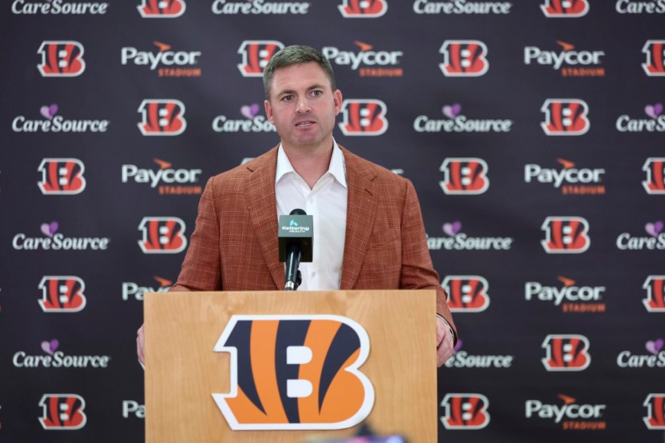 Cincinnati Bengals head coach Zac Taylor, speaks after introducing Texas A&M's Shemar Stewart, the Bengals first round draft pick, 17th overall, during an NFL football news conference at Paycor Stadium, Friday, April 25, 2025, in Cincinnati, Ohio. (AP Photo/Joe Maiorana)