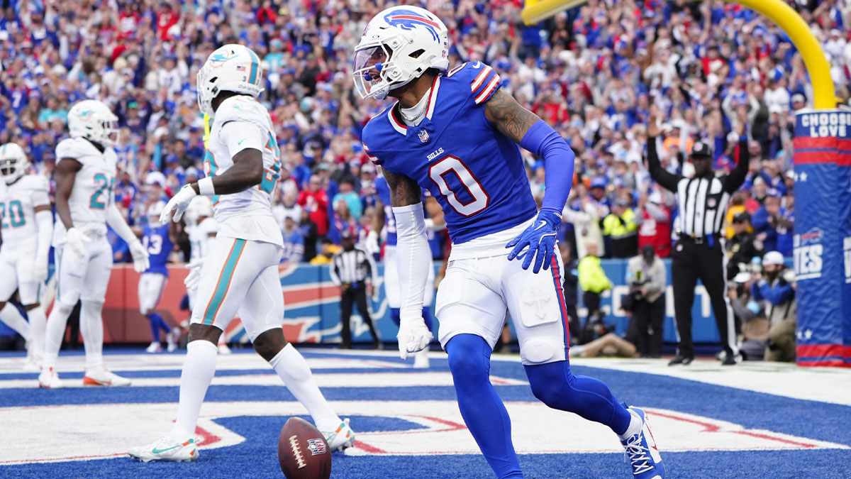 Buffalo Bills wide receiver Keon Coleman (0) celebrates catching a two point conversion against the Miami Dolphins during the second half at Highmark Stadium