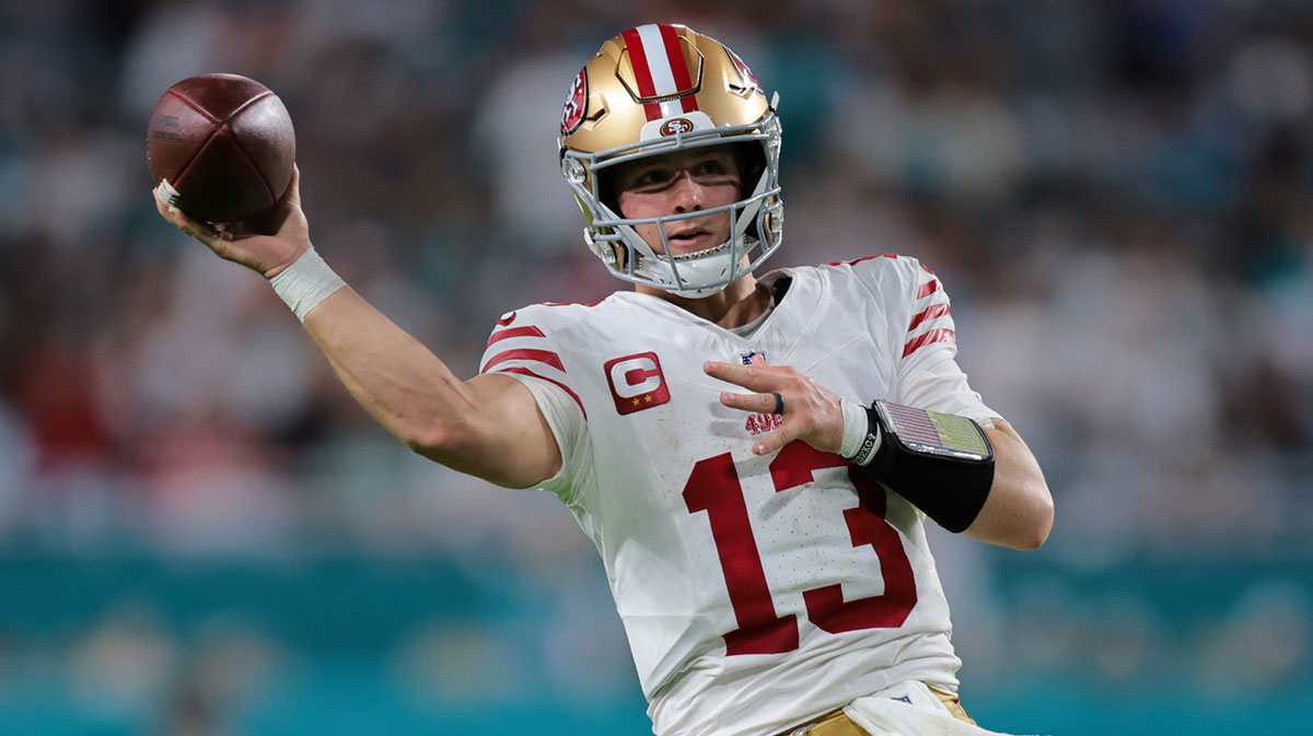 San Francisco 49ers quarterback Brock Purdy (13) throws the football against the Miami Dolphins during the fourth quarter at Hard Rock Stadium.