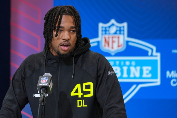 Marshall defensive lineman Mike Green speaks during a news conference at the NFL combine Feb. 26, 2025, in Indianapolis. (AP Photo/Michael Conroy)